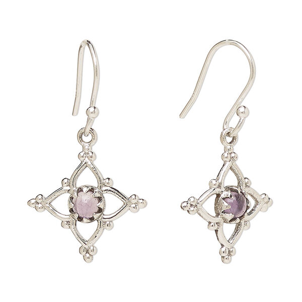 Ear wire, Create Compliments®, antiqued sterling silver and amethyst (natural), fishhook, 32mm with 17mm single-sided open beaded diamond, 21 gauge. Sold per pair. image number 0