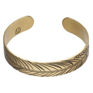 Bracelet cuff 1pkg1 antique gold-finished brass, black, 12mm wide with feather on outside / "Be mindful" on inside.