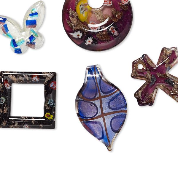 Focal mix, lampworked and millefiori glass, mixed colors, 41x32mm-61x51mm mixed shape. Sold per pkg of 5. image number 0