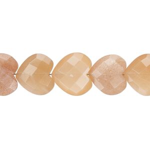Peach moonstone 1pkg20, hand-cut faceted heart bead natural, 12x11mm