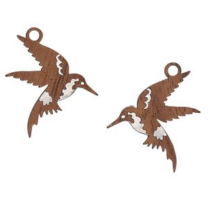 Drop, black walnut (natural) and aluminum foil, 22x20mm single-sided laser-cut left- and right-facing hummingbird. Sold per pkg of 2.