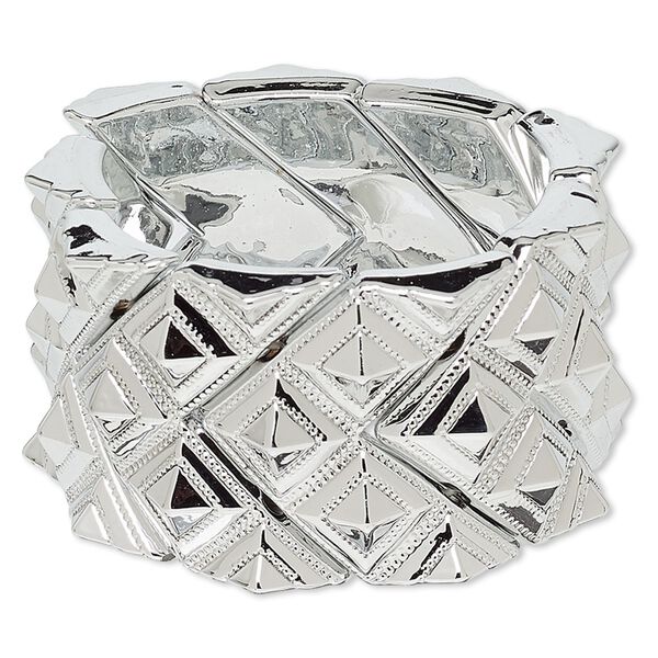 Bracelet, stretch, acrylic, silver, 40mm wide with diamond design, 6 inches. Sold individually. image number 0