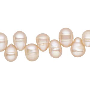 Pearl, cultured freshwater, peach, 9x7mm-14x7mm top-drilled rice, C grade, Mohs hardness 2-1/2 to 4. Sold per 15-inch strand.