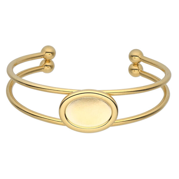 Bracelet, cuff, gold-plated brass and "pewter" (zinc-based alloy), 65x18mm with 18x13mm oval setting, adjustable. Sold individually. image number 0