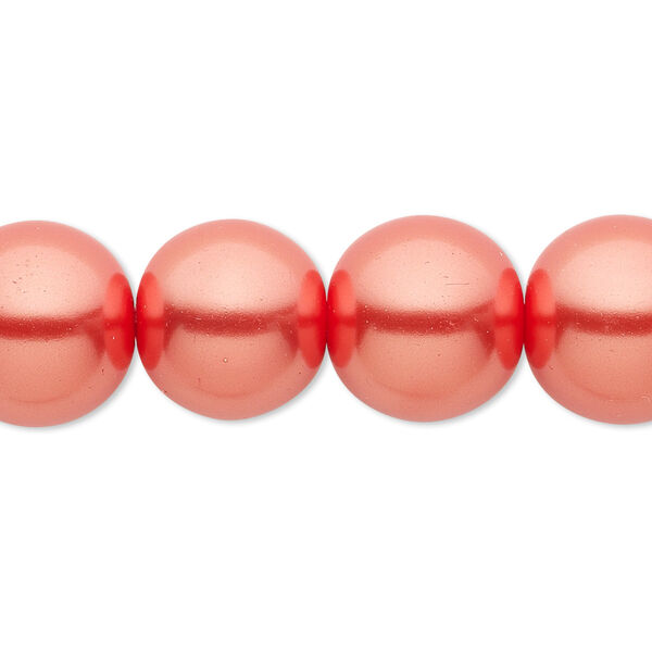 Bead, crystal pearl, orange-red, 14mm round. Sold per 15-1/2" to 16" strand, approximately 25 beads. image number 0
