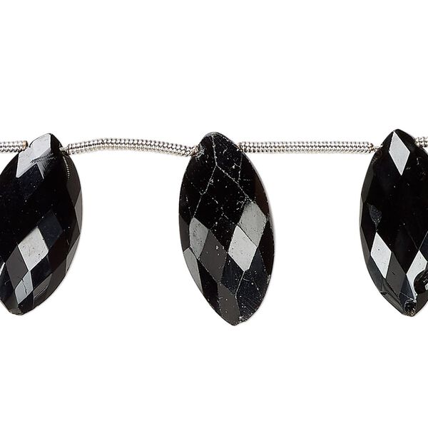 Black spinel 1pkg11, hand-cut top-drilled faceted puffed marquise bead 18x9mm-23x11mm image number 0