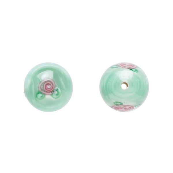 Bead, Czech glass, green with flowers, 12mm round. Sold per pkg of 4. image number 0