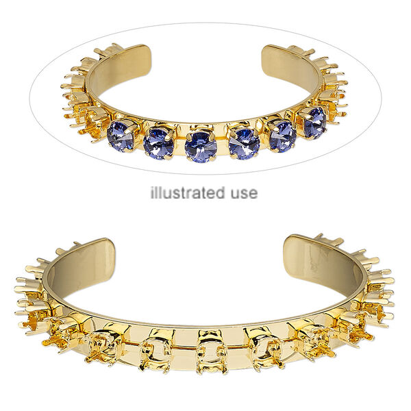 Bracelet, cuff, gold-plated brass, 9mm wide cupchain with (15) SS29 settings, adjustable from 6-1/2 to 7-1/2 inches. Sold individually. image number 0