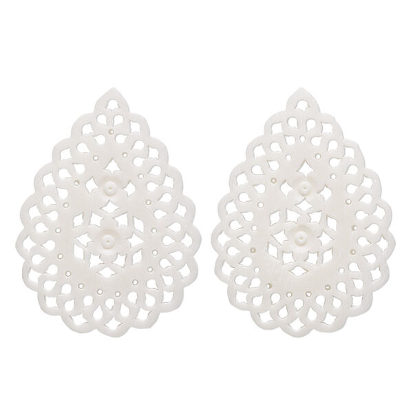 Focal, camel bone (bleached), white, 47x35mm hand-cut single-sided fancy flat teardrop with cutout flower design, Mohs hardness 2-1/2. Sold per pkg of 2. image number 0