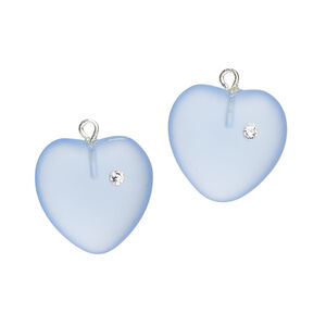 Drop 1pkg2, silver-plated brass / glass / cubic zirconia, translucent light blue and clear, 16mm frosted heart.