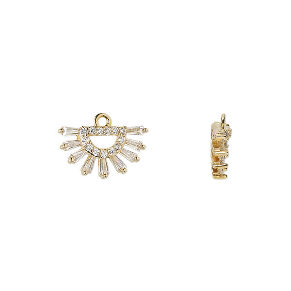 Drop, glass rhinestone and gold-finished brass, clear, 13.5x8mm single-sided open fan. Sold individually. image number 0