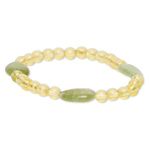 Bracelet, stretch, quartz (dyed) and acrylic, yellow and light green, 5mm round and 15x11mm-17x15mm flat teardrop, 7 inches. Sold individually.