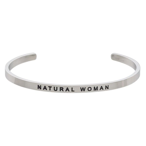 Bracelet, Everyday Jewelry, cuff, stainless steel, 4mm wide with "NATURAL WOMAN," 8 inches. Sold individually. image number 0