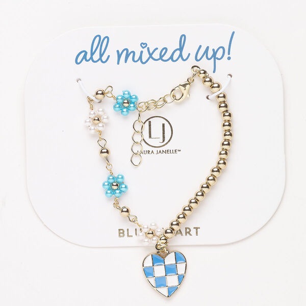 Bracelet, steel / brass / acrylic pearl / enamel, pkg/1, 6 inches with lobster claw clasp and 1-1/2-inch extender chain, gold finish / blue / white, Blue Heart theme. image number 0