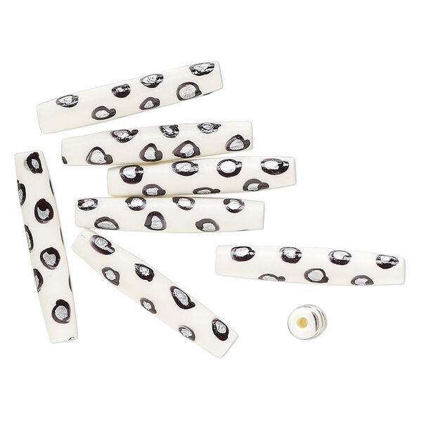 Bead, bone (dyed), white / black / silver, 36x7mm-35x6mm hand-painted tube with spotted design. Sold per pkg of 8. image number 0
