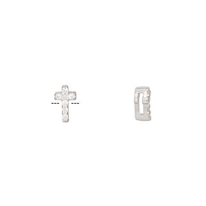 Slide, sterling silver and cubic zirconia, clear, 8x5mm single-sided cross, 5x1mm hole. Sold individually.