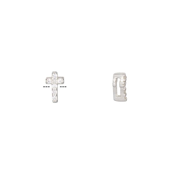 Slide, sterling silver and cubic zirconia, clear, 8x5mm single-sided cross, 5x1mm hole. Sold individually. image number 0