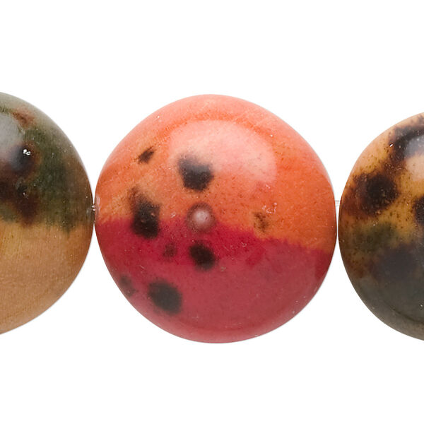 Bead, painted wood (coated), multicolored, 25x16mm puffed flat round. Sold per pkg of 8. image number 0