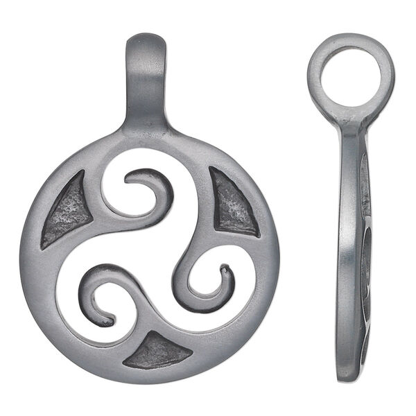 Pendant, "pewter" (zinc-based alloy), 36x25mm single-sided round with triskele design. Sold individually. image number 0