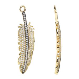 Focal, cubic zirconia / gold- / black-finished brass, clear, 45x13mm single-sided feather. Sold individually.