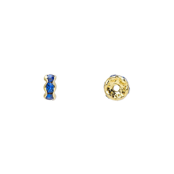 Bead, glass rhinestone and gold-finished brass, sapphire blue, 5x2mm rondelle. Sold per pkg of 10. image number 0