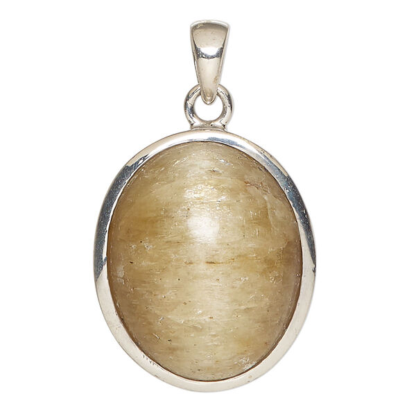 Pendant, lemon calcite (coated) and sterling silver, 28x23mm-29x24mm oval. Sold individually. image number 0