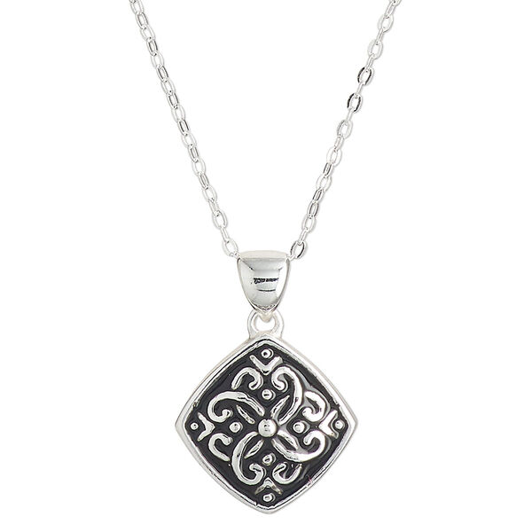 Necklace, Create Compliments®, sterling silver and enamel, black, 15.5mm diamond with dot and swirl design, adjustable at 16 and 18 inches with springring clasp. Sold individually. image number 0