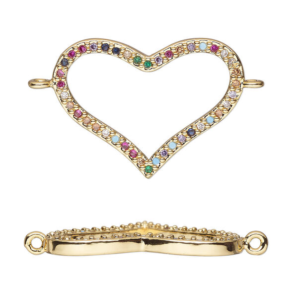 Link, cubic zirconia and gold-finished brass, multicolored, 24.5x18mm single-sided open heart. Sold individually. image number 0