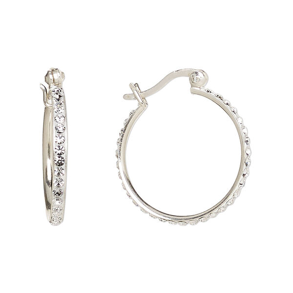 Earring, Create Compliments®, sterling silver and crystal, clear, 22.5mm round hoop with safety latch. Sold per pair. image number 0