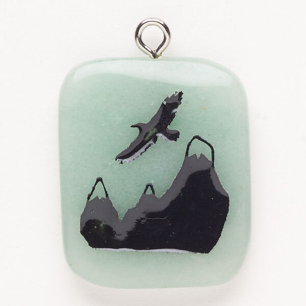 Focal, steel/green aventurine (natural)/enamel, pkg/1, silver finish and black, 30x24mm-39x27mm single-sided puffed freeform with eagle and mountains, B grade. image number 0