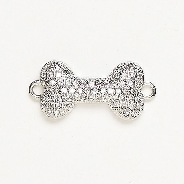 Link, "pewter" (zinc-based alloy) and glass, pkg/1, silver finish and clear, 20x9mm dog bone. image number 0