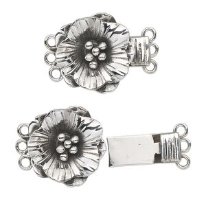Clasp tab 1pkg1 sterling silver, 16x15mm round flower, antiqued 3-strand