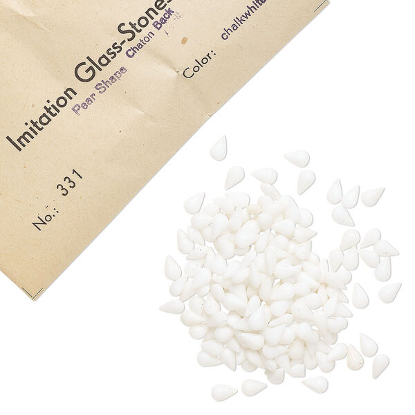 Embellishment, vintage glass, chalkwhite, 8x4.8mm faceted pear fancy stone. Sold per pkg of 576 (4 gross). image number 0