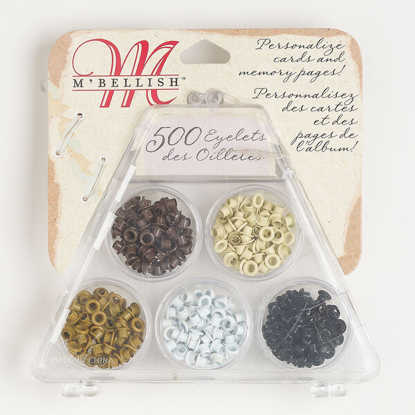 Eyelet assortment 1pkg500, brass, mixed colors, 5mm round with 3mm depth. image number 0