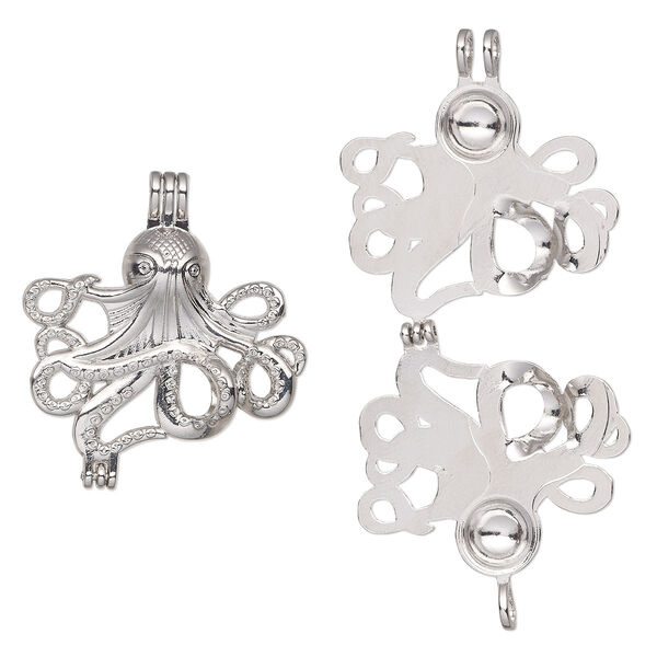 Pendant, imitation rhodium-finished "pewter" (zinc-based alloy), 36x33mm double-sided octopus bead cage, fits 8mm round bead. Sold individually. image number 0