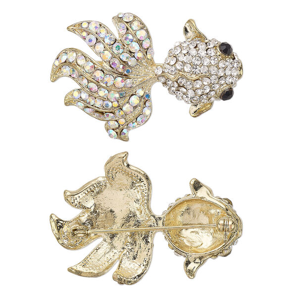 Brooch, glass rhinestone and gold-finished "pewter" (zinc-based alloy), clear AB / clear / black, 44x30mm goldfish. Sold individually. image number 0