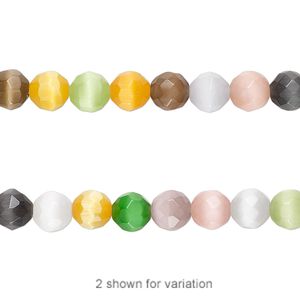 Bead mix, cat's eye glass (fiber optic glass), multicolored, 6mm faceted round. Sold per 15-1/2" to 16" strand.