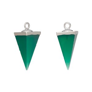 Drop, silver-plated green onyx (dyed) and electroplated sterling silver, 19x9mm-20x10mm hand-cut 3D 4-sided point, Mohs hardness 6-1/2 to 7. Sold individually.