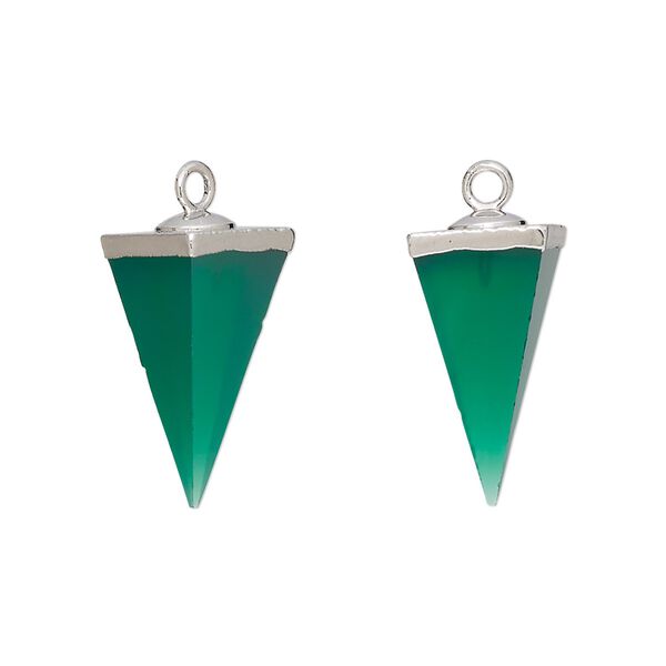 Drop, silver-plated green onyx (dyed) and electroplated sterling silver, 19x9mm-20x10mm hand-cut 3D 4-sided point, Mohs hardness 6-1/2 to 7. Sold individually. image number 0