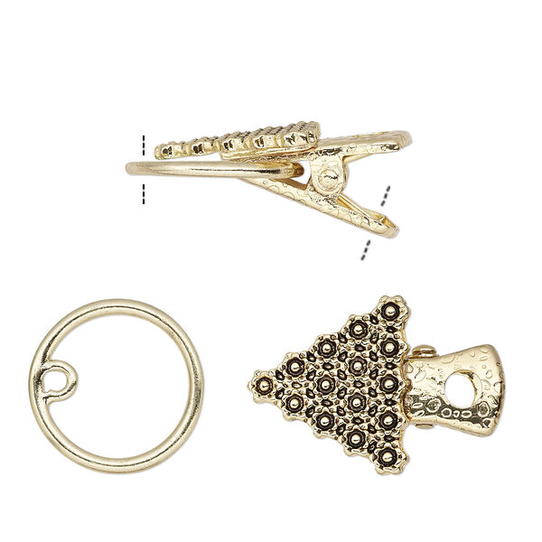 Clasp, alligator clip, antique gold-finished steel and "pewter" (zinc-based alloy), 19x19x19mm triangle with flower design. Sold individually. image number 0