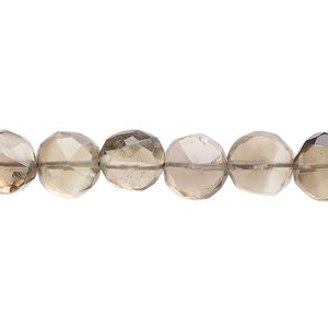 Smoky quartz 1pkg1, hand-cut faceted puffed flat round bead 14 inch 8-10mm