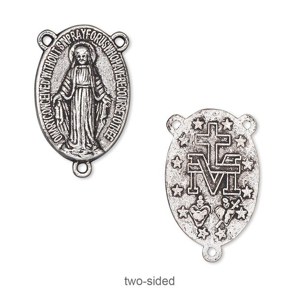 Connector, antique silver-plated "pewter" (zinc-based alloy), 21x15mm two-sided oval rosary. Sold per pkg of 10. image number 0