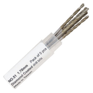 Drill bit, diamond-coated high speed steel, 1-1/2 inches with 1.7mm twisted bit and 1.4mm shank. Sold per pkg of 5.