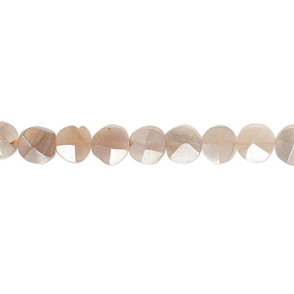 Bead, peach moonstone (coated), luster, 5-6mm hand-cut faceted flat round, B grade, Mohs hardness 6 to 6-1/2. Sold per 8-inch strand. image number 0