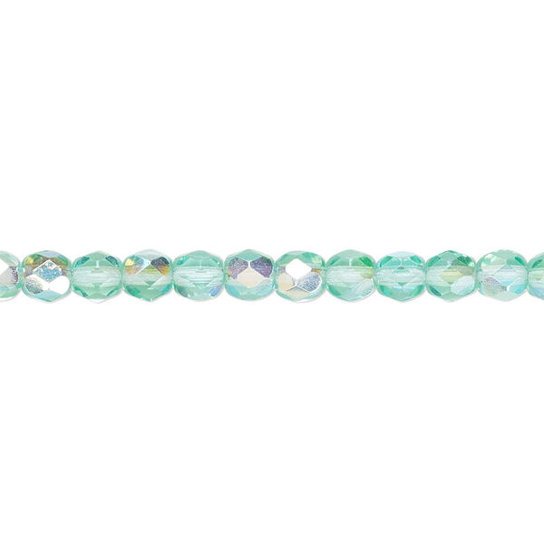 Bead, Czech fire-polished glass, light aqua AB, 4mm faceted round. Sold per 15-1/2" to 16" strand. image number 0