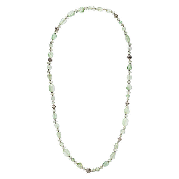 Necklace, vintage India lampworked glass / steel / antique silver-finished "pewter" (zinc-based alloy), transparent green, 37-inch continuous strand. Sold individually. image number 0