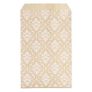 Bag, paper, brown and white, 6x4 inch rectangle with damask-print and scalloped top edge. Sold per pkg of 100.