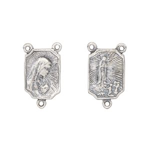 Connector, antiqued sterling silver, 14x10mm rectangle, Mary and Our Lady of Fatima rosary center. Sold individually.