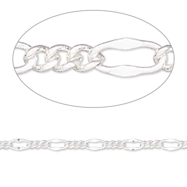 Chain, silver-plated brass, 3mm figaro. Sold per pkg of 5 feet. image number 0