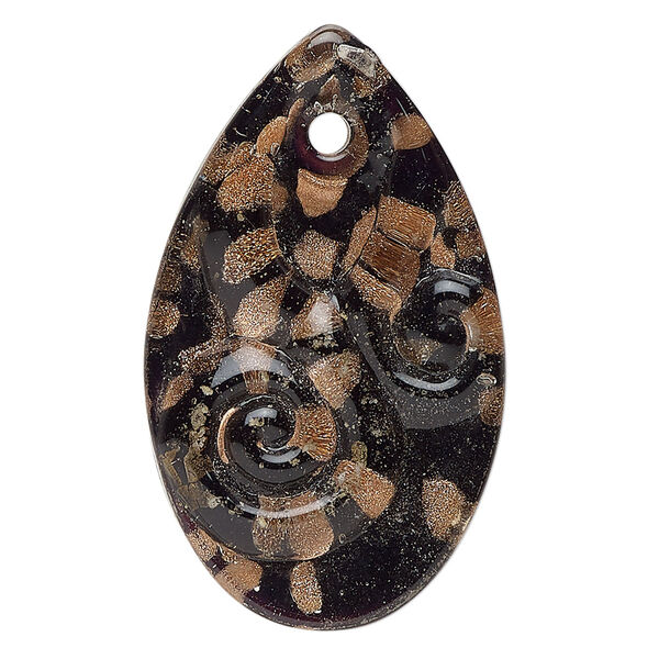 Focal, lampworked glass, opaque black and clear, 34x25mm-43x26mm textured teardrop with copper-colored glitter. Sold individually. image number 0